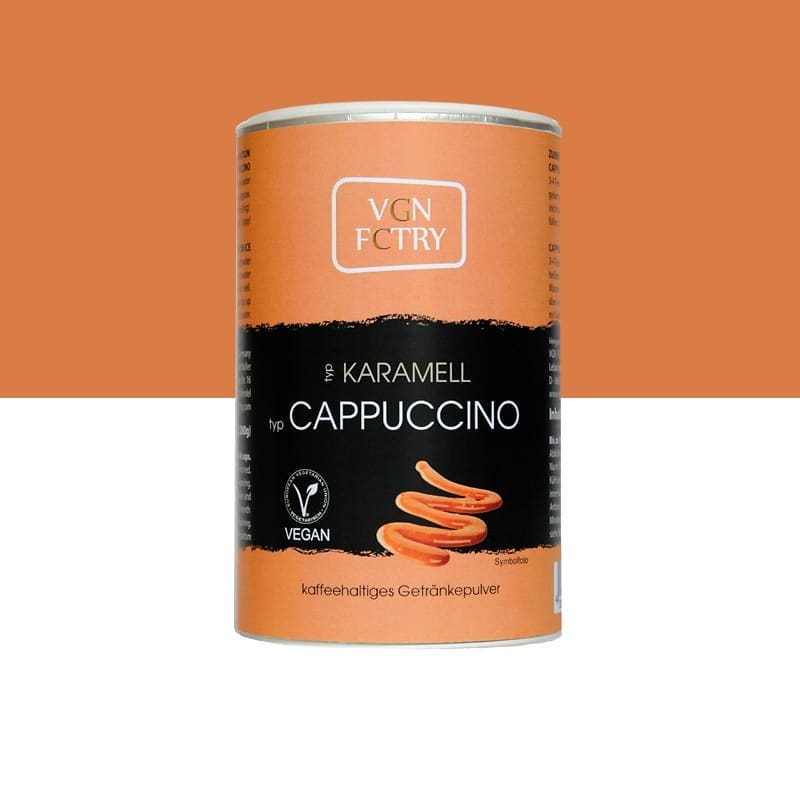cappucino café koffie soluble instant oploskoffie vgn fctry belgium belgie belgique vegan vegetalien sans lait sans lactose zonder melk caramel karamel